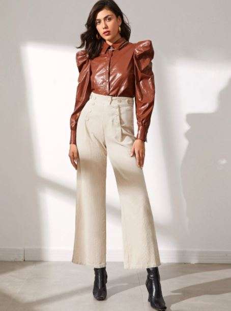 SHEIN Button Front Wide Leg Cord Pants