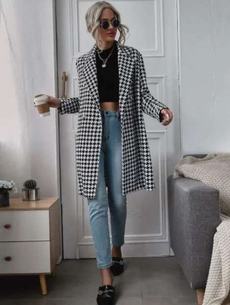 Shein Lapel Collar Double Breasted Hounstooth Coat - M