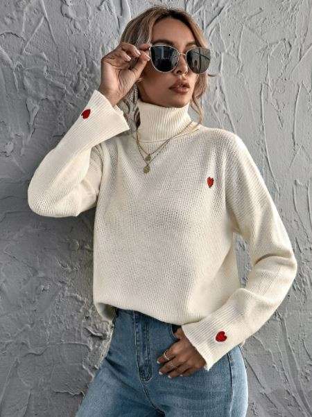 SHEIN Heart Embroidery Turtleneck Sweater - One Size