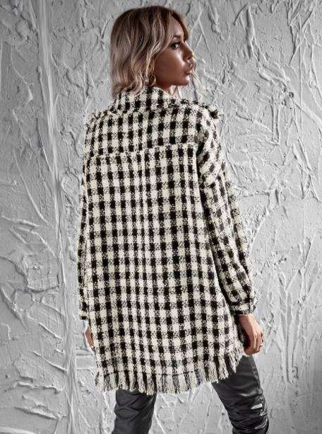 SHEIN Raw Hem Plaid Tweed Coat With Belt - M