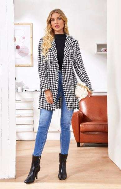 SHEIN Notched Collar Buttoned Front Raw Trim Houndstooth Tweed Coat - M