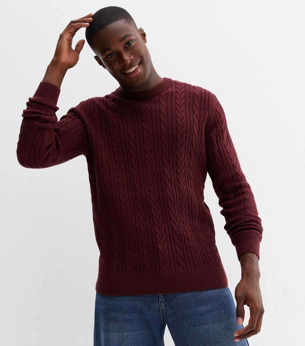 BLUEAGE Burgundy Cable Knit Long Sleeve Crew Neck Jumper - XXL