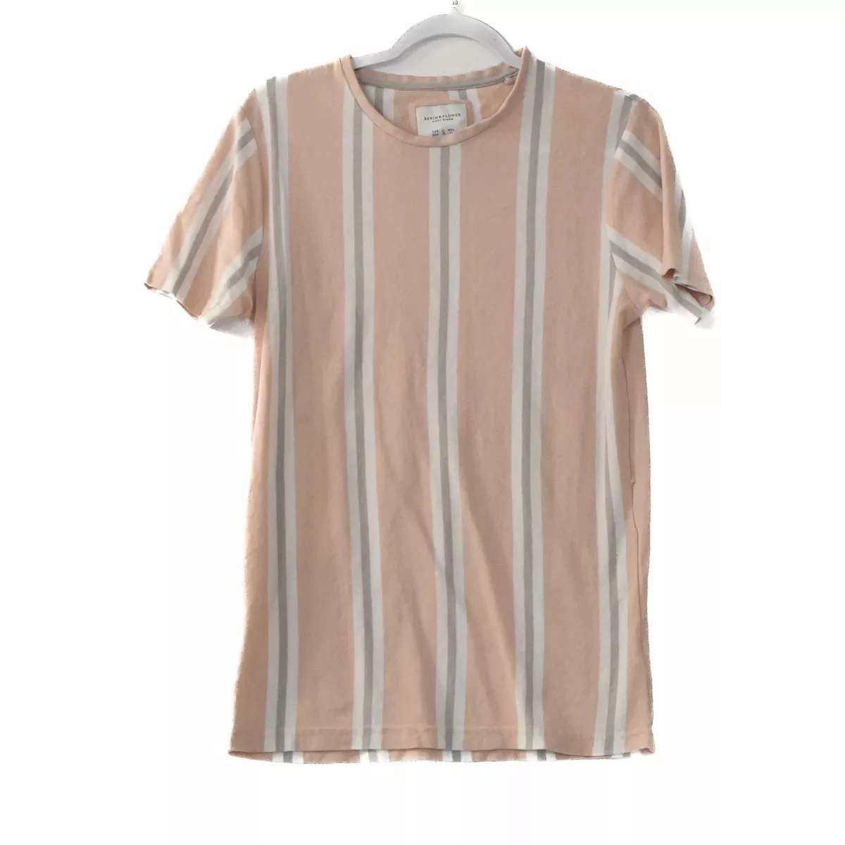 Denim & Flower Men Peach Gray Striped Ricky Singh T-Shirt Short Sleeve - M